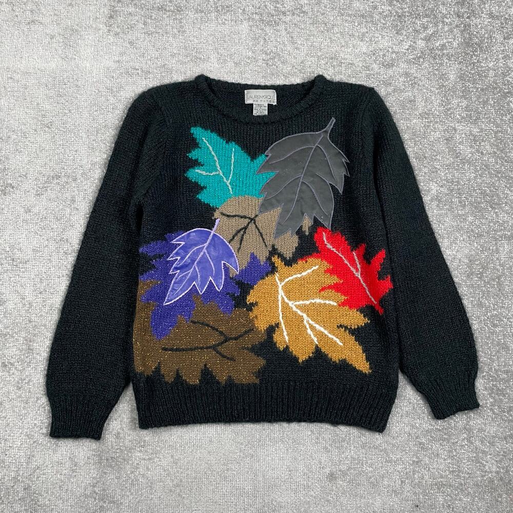Vintage Lauren Golf Sweater Womens SP Black Leaf Fall Print Pullover y2k 90s